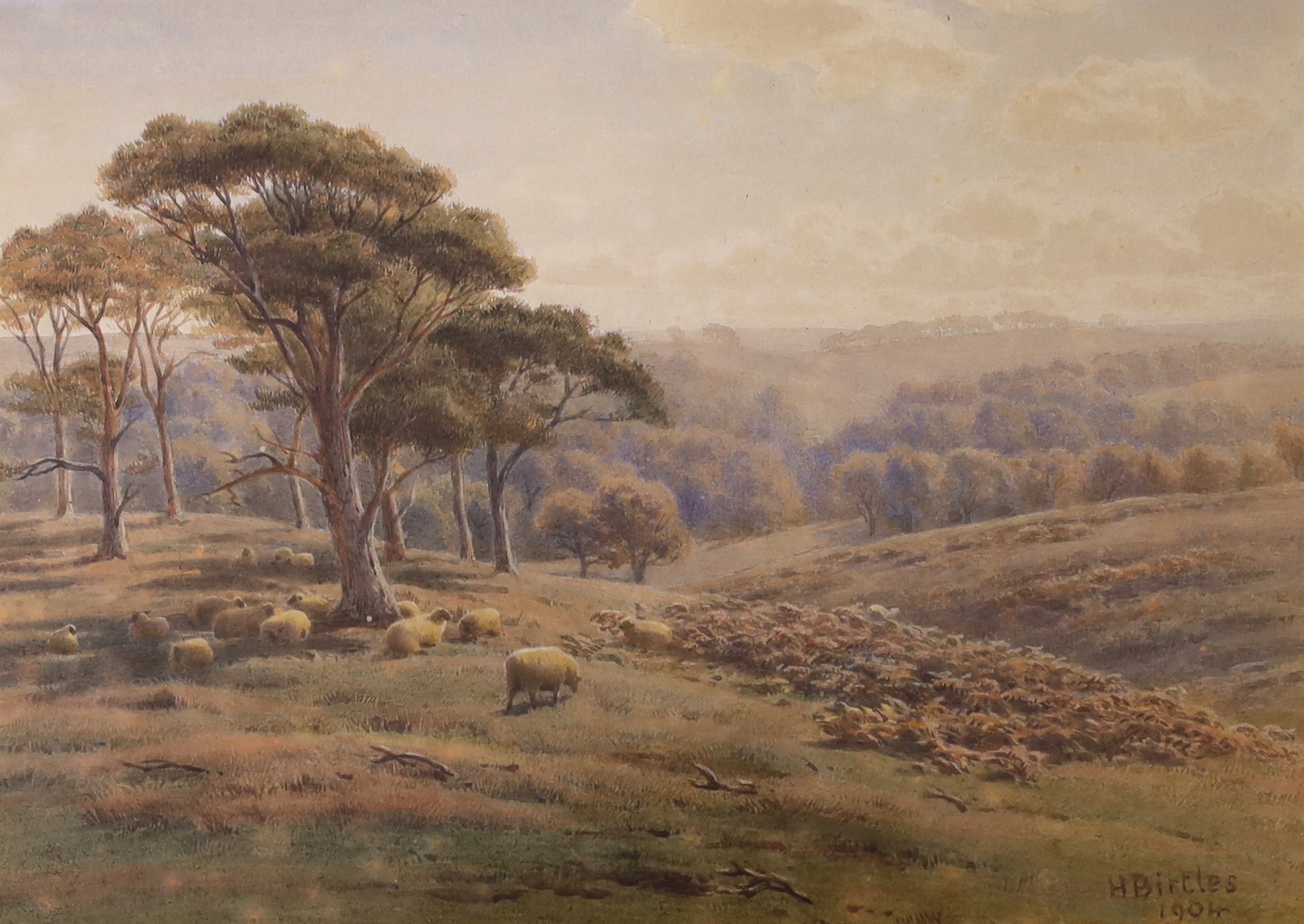 Henry Birtles (1838-1907), pair of watercolours, Deer and sheep at dusk, each signed and dated 1904, 24 x 34cm